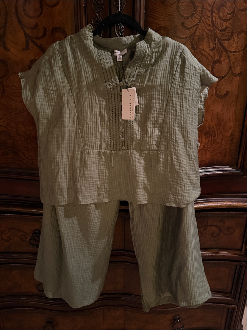 Current Air Olive Green Crinkle Wide-Leg Set